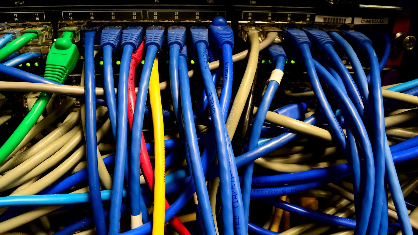Cabos de rede azuis, verdes, amarelos e vermelhos conectados às portas de um switch Ethernet